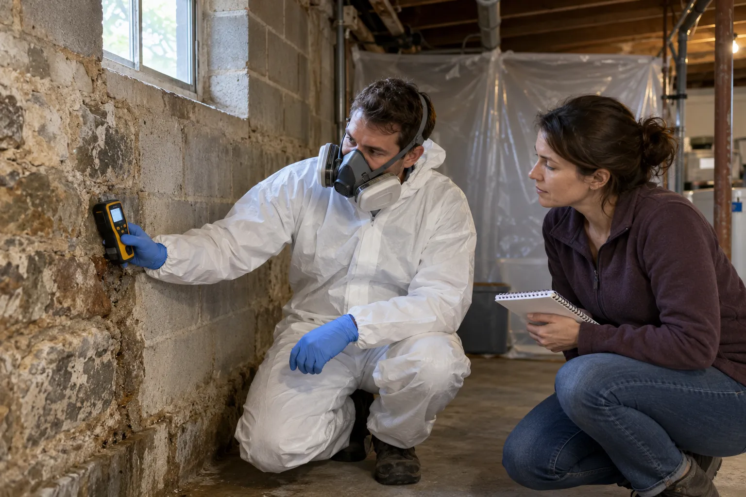 A local provider inspecting a basement stone foundation wall for black mold in a home in the Taunton area