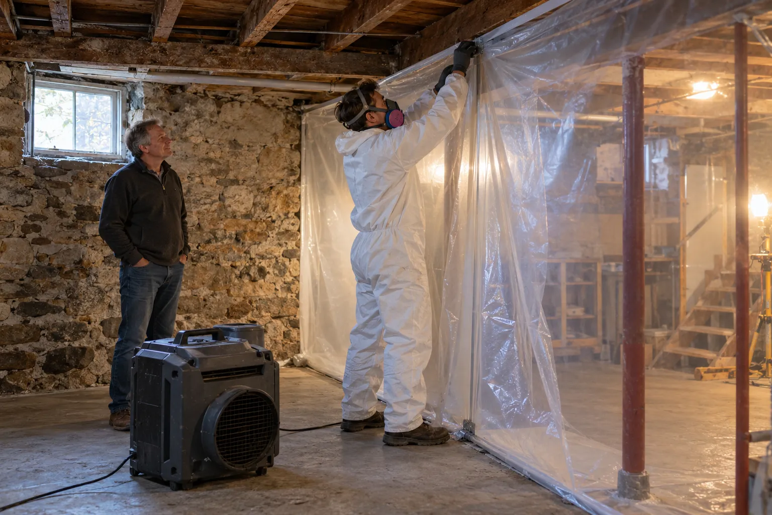 A local provider in protective gear sets up containment sheeting in a basement in the Taunton area