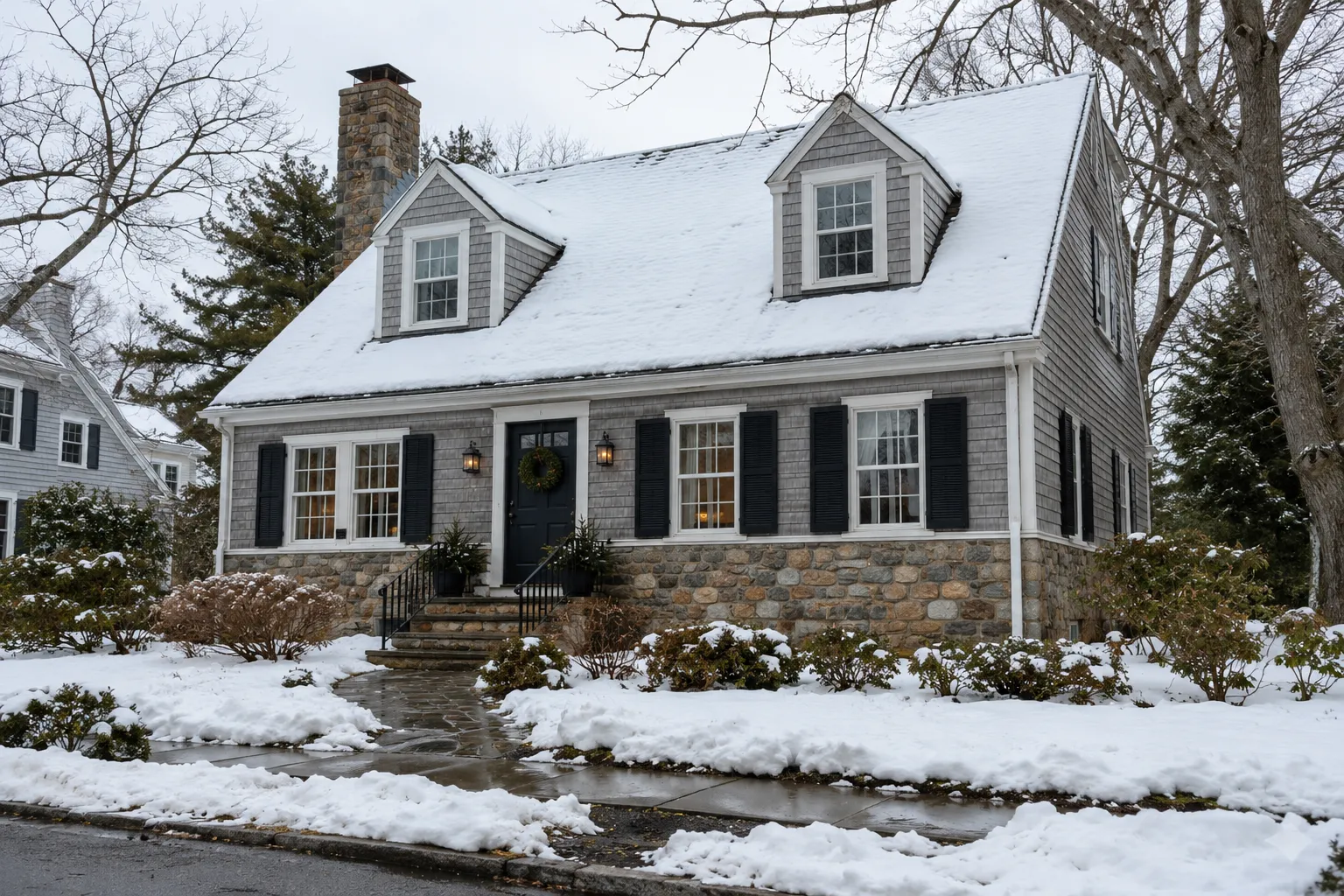 Older New England style home in Taunton on a snowy morning